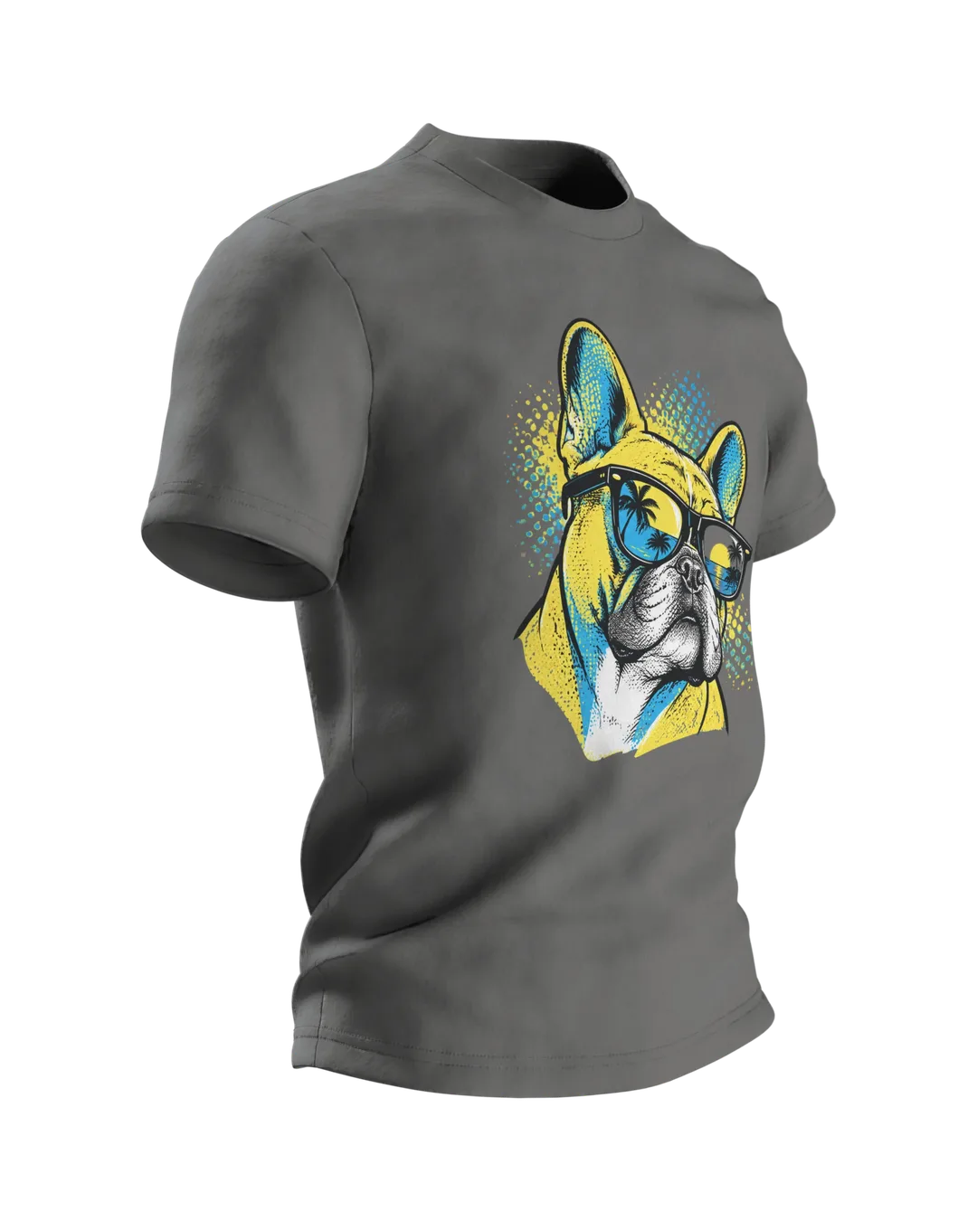 Französische Bulldogge T-Shirt für Herren im Pop Art Stil, Französische Bulldogge mit Sonnenbrille, Geschenk für Hundebesitzer, Seitenansicht links