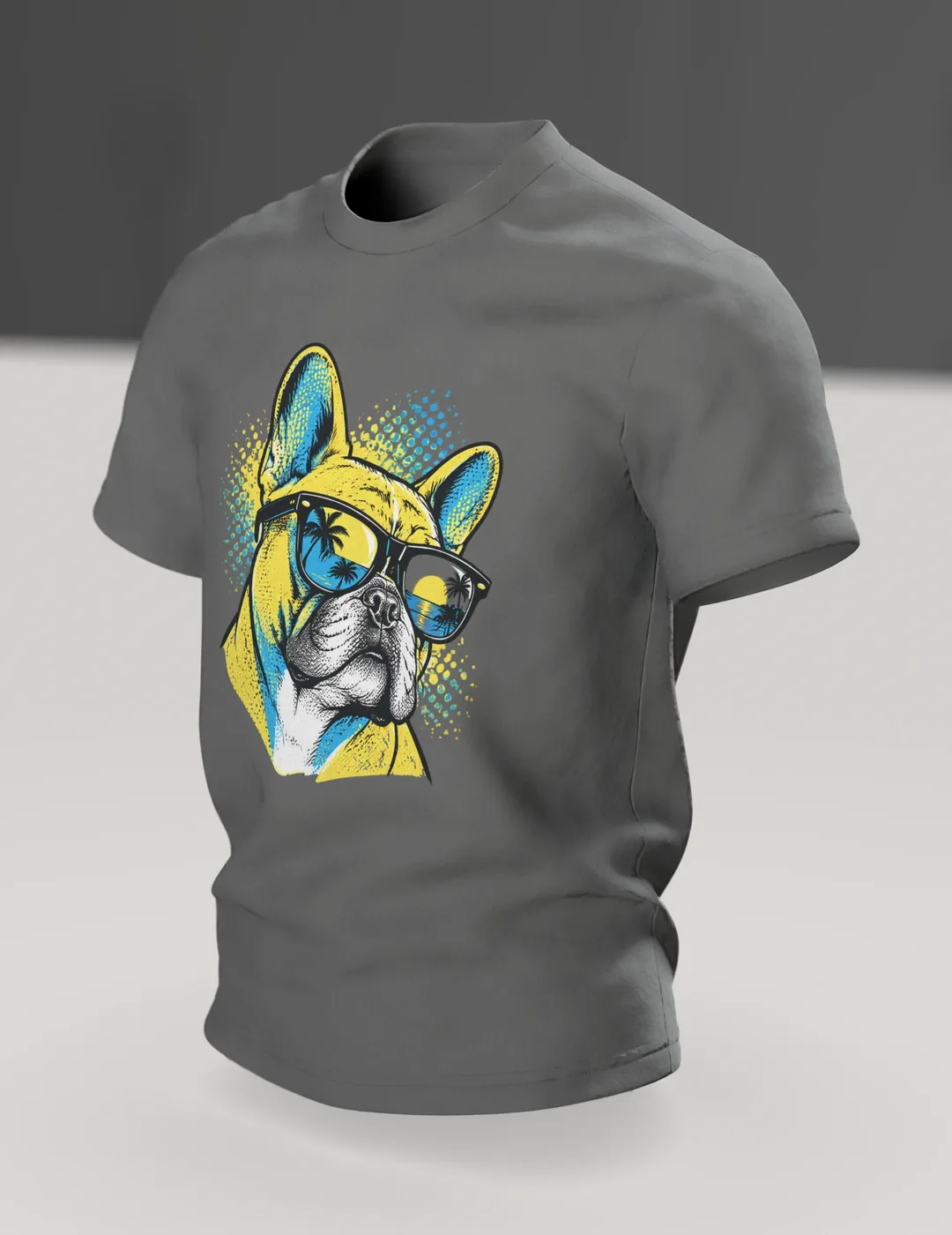 Französische Bulldogge T-Shirt für Herren im Pop Art Stil, Französische Bulldogge mit Sonnenbrille, Geschenk für Hundebesitzer, Im Raum, schräg
