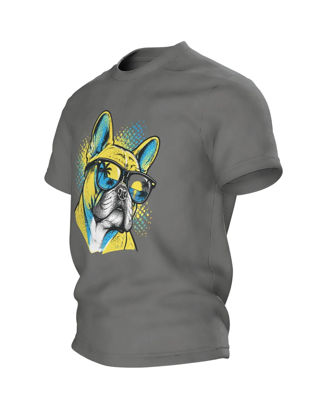 Französische Bulldogge T-Shirt für Herren im Pop Art Stil, Französische Bulldogge mit Sonnenbrille, Geschenk für Hundebesitzer, Seitenansicht rechts