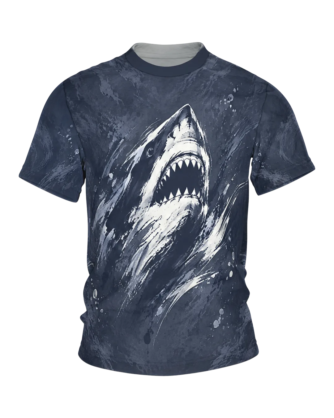 Great White Shark T-Shirt: shark head in rough ink strokes on night blue, the shark under rays of light on the back, printed all over