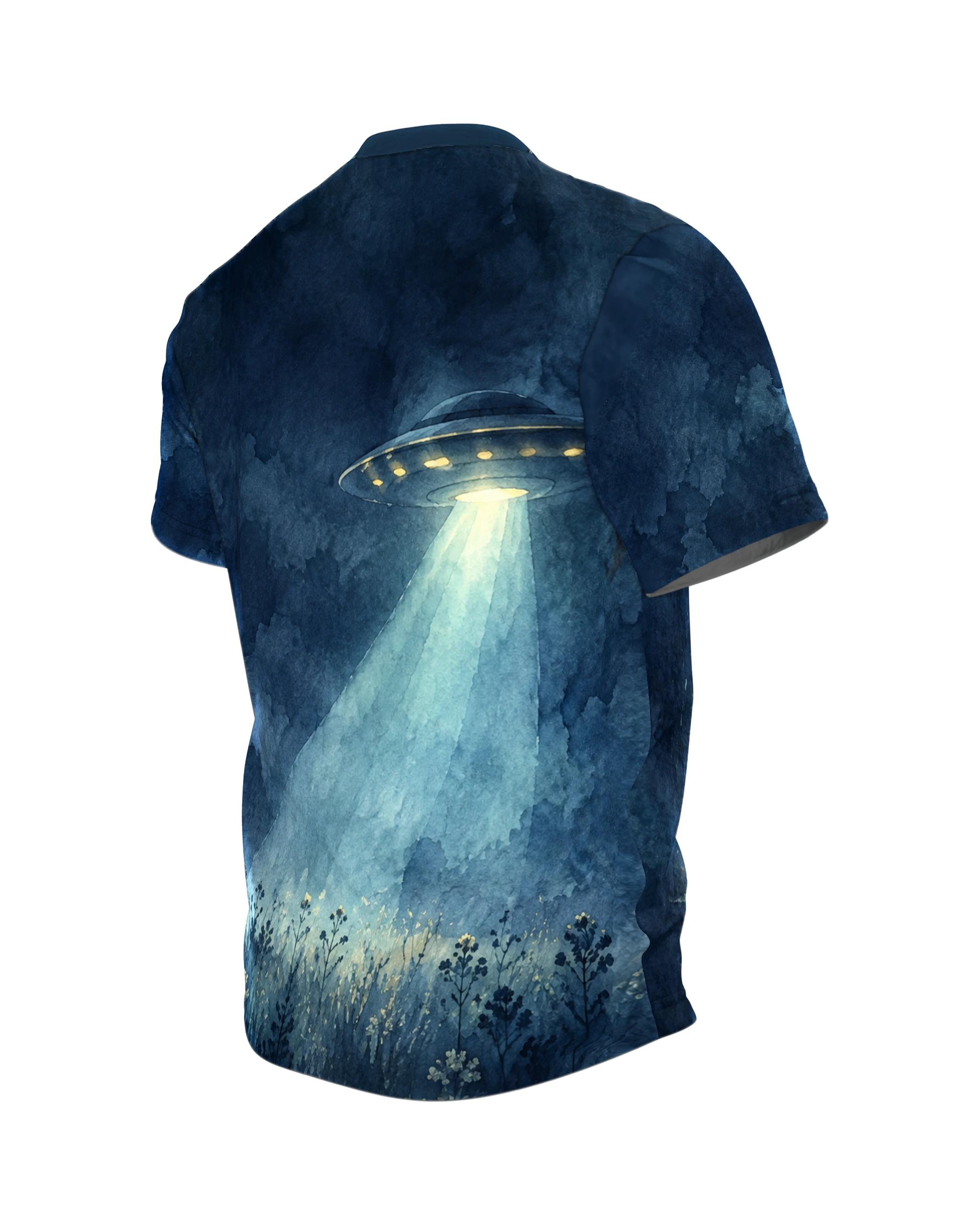 Alien UFO T-Shirt in Watercolour: Encounter in the Rain, Back, angled left