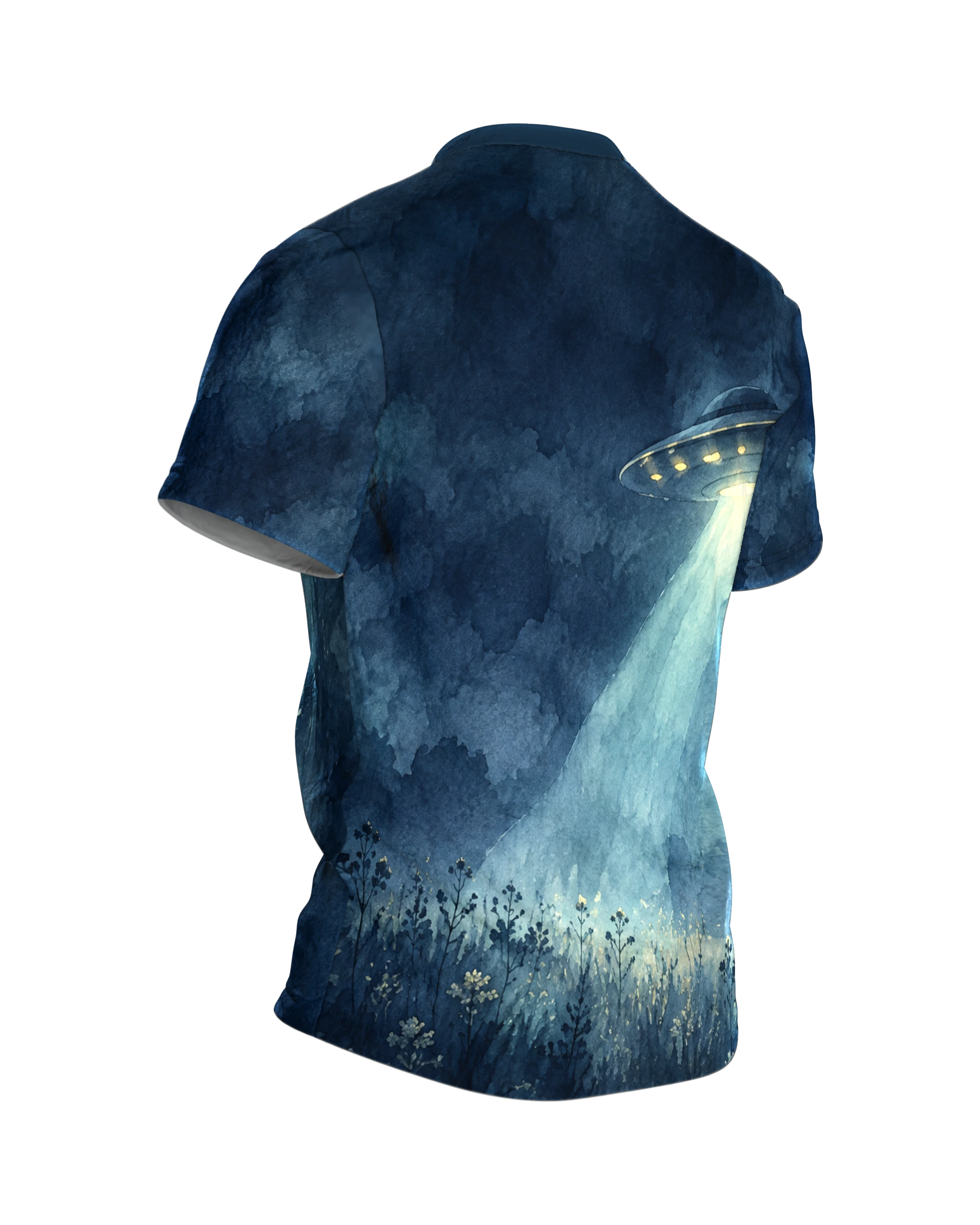 Alien UFO T-Shirt in Watercolour: Encounter in the Rain, Back, angled right