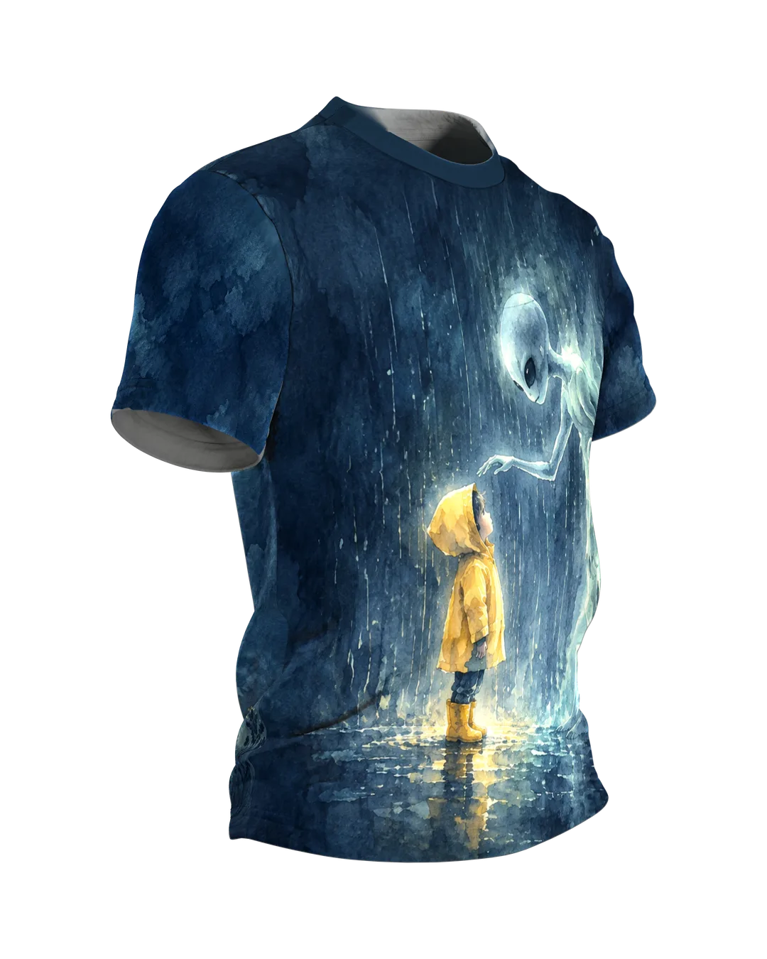 Alien UFO T-Shirt in Watercolour: Encounter in the Rain, Side view, left