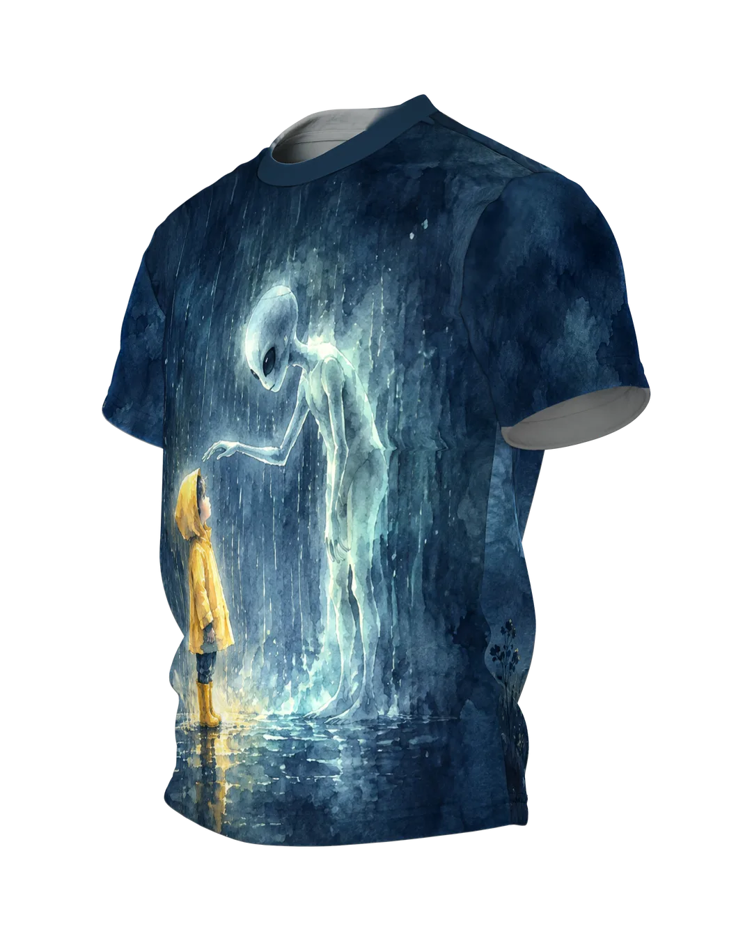 Alien UFO T-Shirt in Watercolour: Encounter in the Rain, Side view, right
