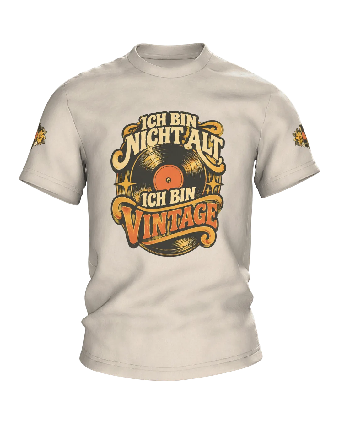 Vinyl Record Shirt “ICH BIN NICHT ALT, ICH BIN VINTAGE” with Record Emblem, Retro 70s Lettering and Headphones on the Back