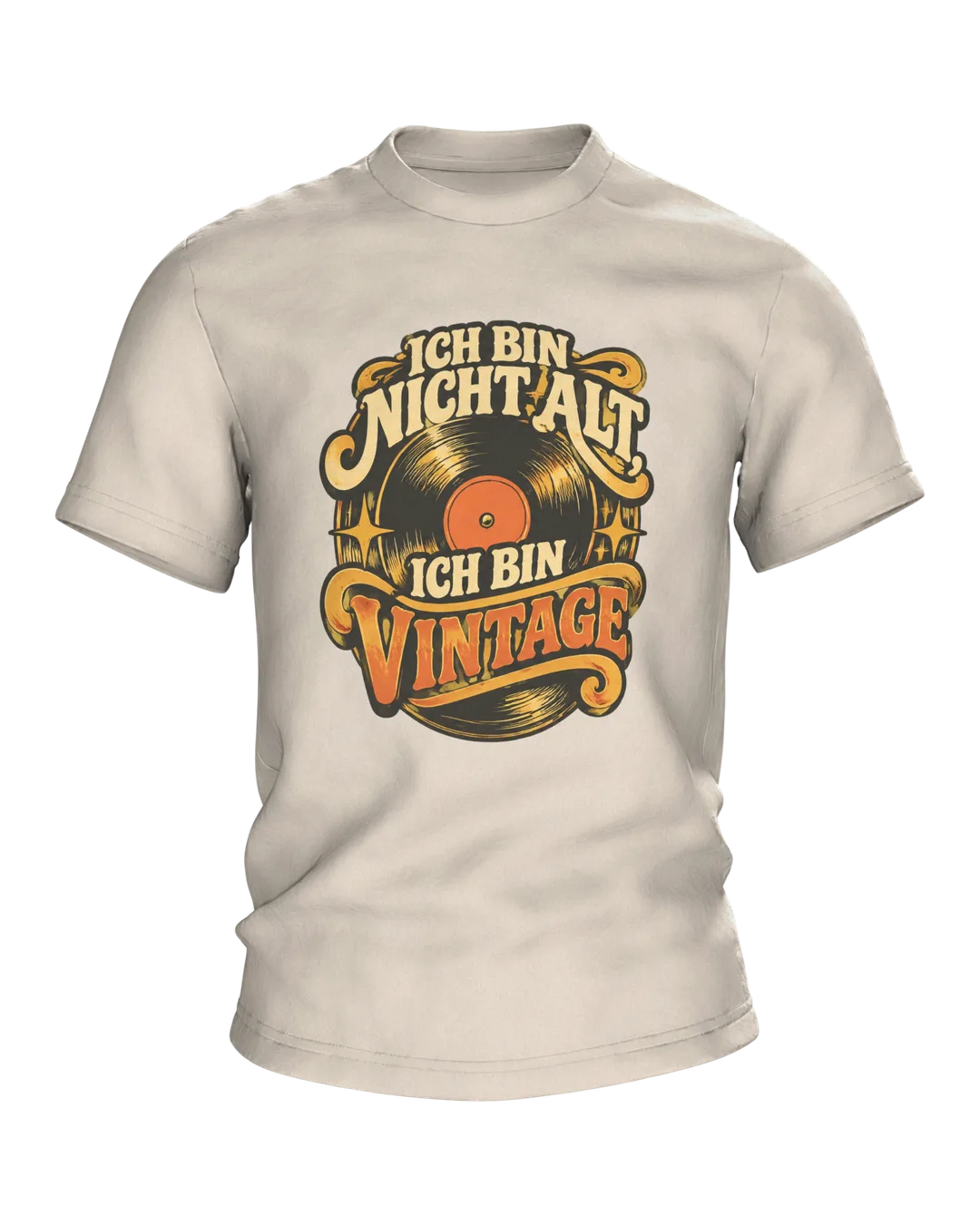 Vinyl Record Shirt “ICH BIN NICHT ALT, ICH BIN VINTAGE” with Record Emblem, Retro 70s Lettering and Headphones on the Back