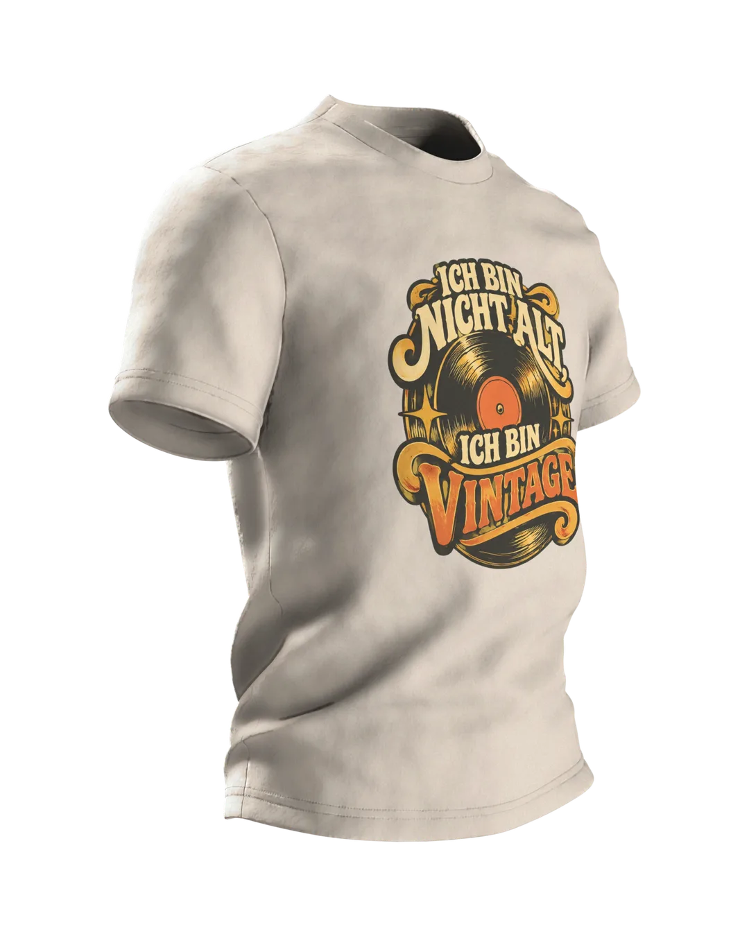 Schallplatte T-Shirt „ICH BIN NICHT ALT, ICH BIN VINTAGE“ mit Vinyl-Emblem, Retro 70er Schrift und Kopfhörer-Szene hinten, Seitenansicht links