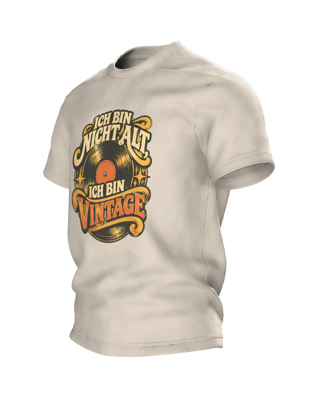 Schallplatte T-Shirt „ICH BIN NICHT ALT, ICH BIN VINTAGE“ mit Vinyl-Emblem, Retro 70er Schrift und Kopfhörer-Szene hinten, Seitenansicht rechts