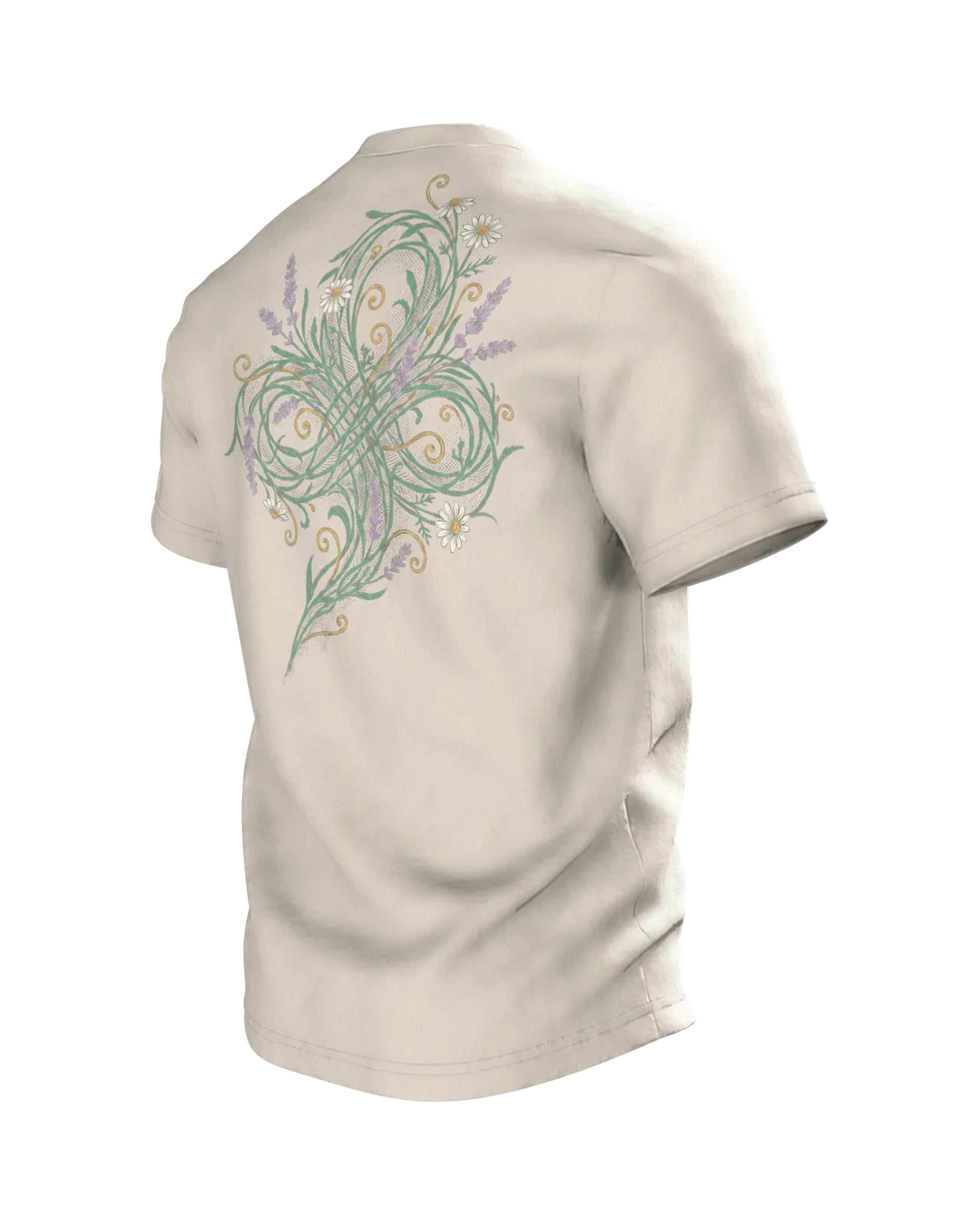 "Chaos-Koordinatorin" T-Shirt, Schreibschrift mit Lavendel und Kamille, Rückseite schräg links