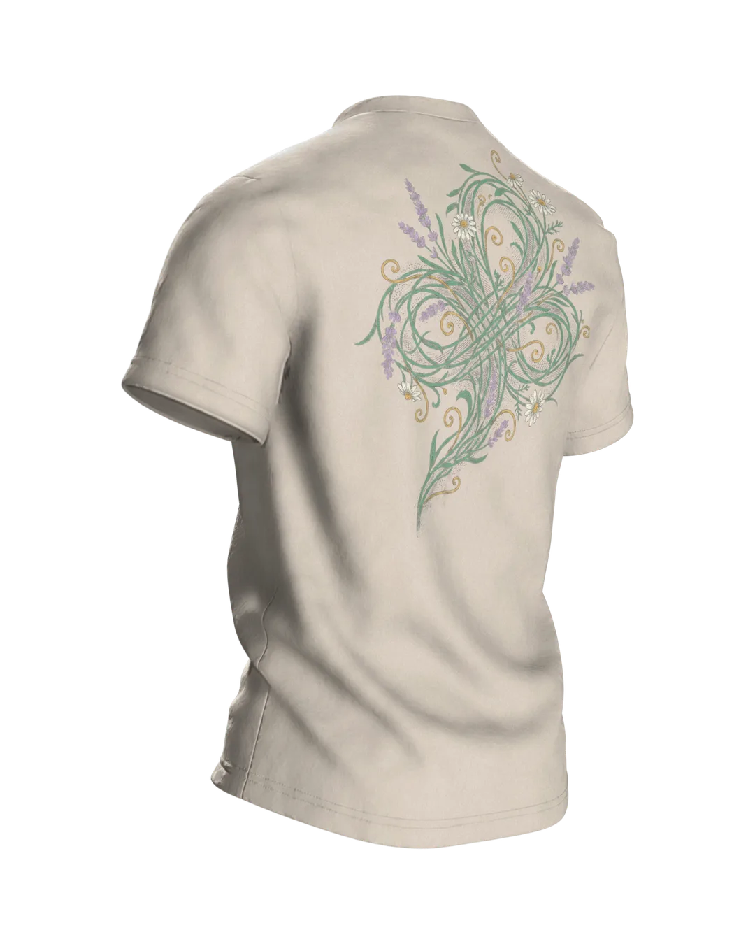 "Chaos-Koordinatorin" T-Shirt, Schreibschrift mit Lavendel und Kamille, Rückseite schräg rechts