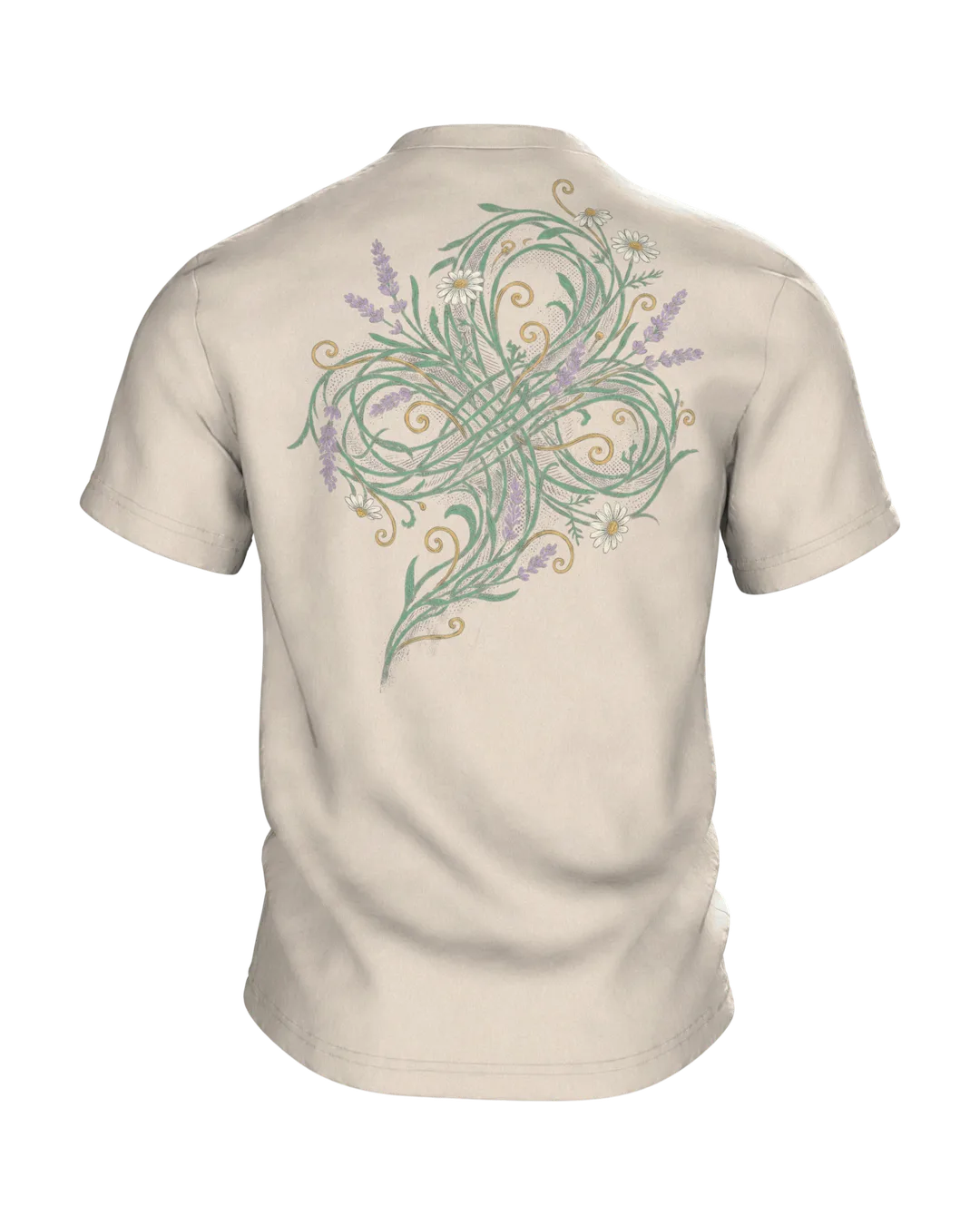 "Chaos-Koordinatorin" T-Shirt, Schreibschrift mit Lavendel und Kamille, Rückseite