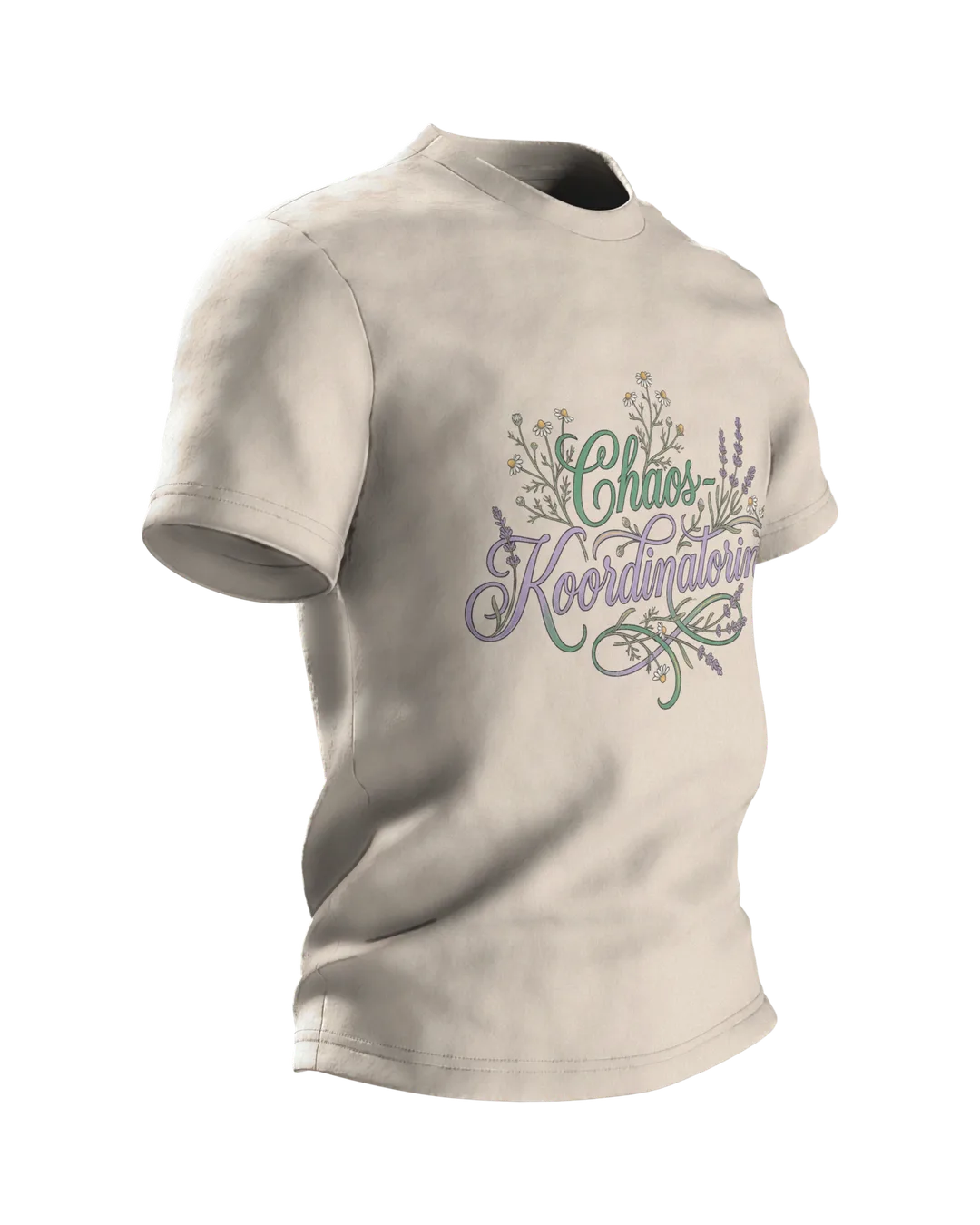 "Chaos-Koordinatorin" T-Shirt, Schreibschrift mit Lavendel und Kamille, Seitenansicht links