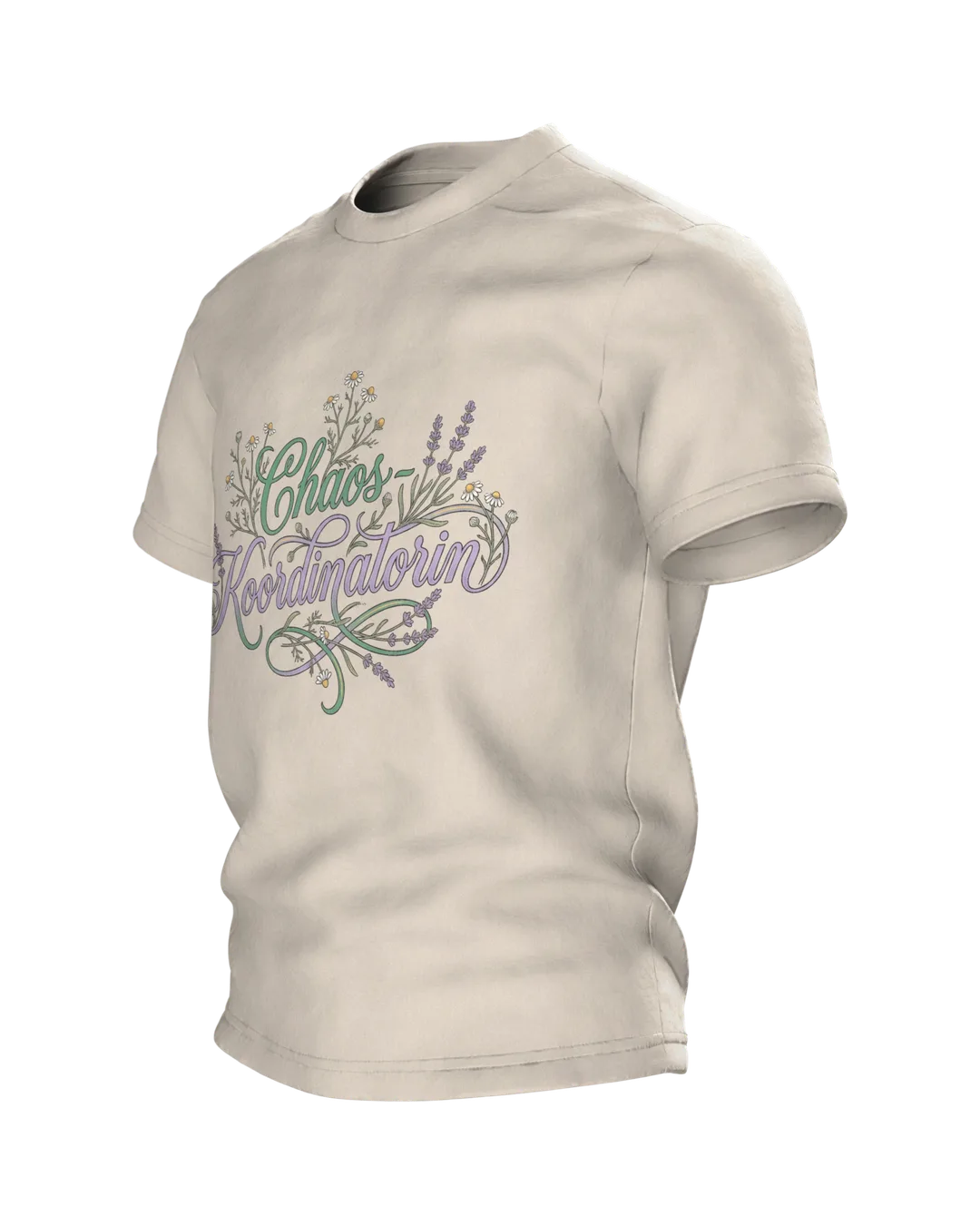 "Chaos-Koordinatorin" T-Shirt, Schreibschrift mit Lavendel und Kamille, Seitenansicht rechts
