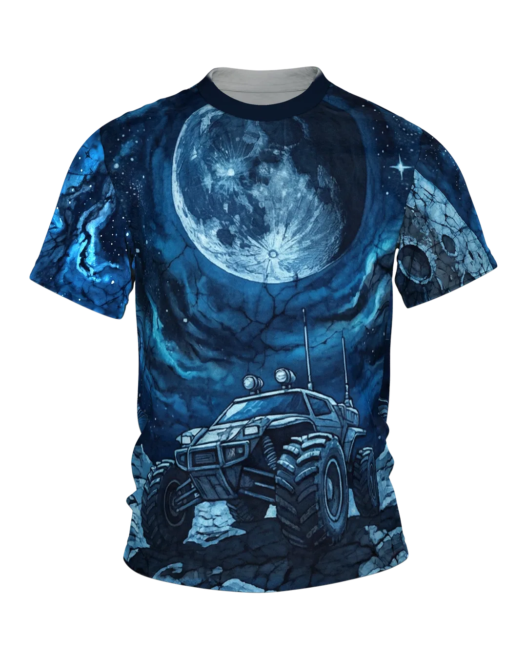 Mondmission T-Shirt, Rover unter vollem Mond vorn, Mondbasis mit Rakete am Rücken