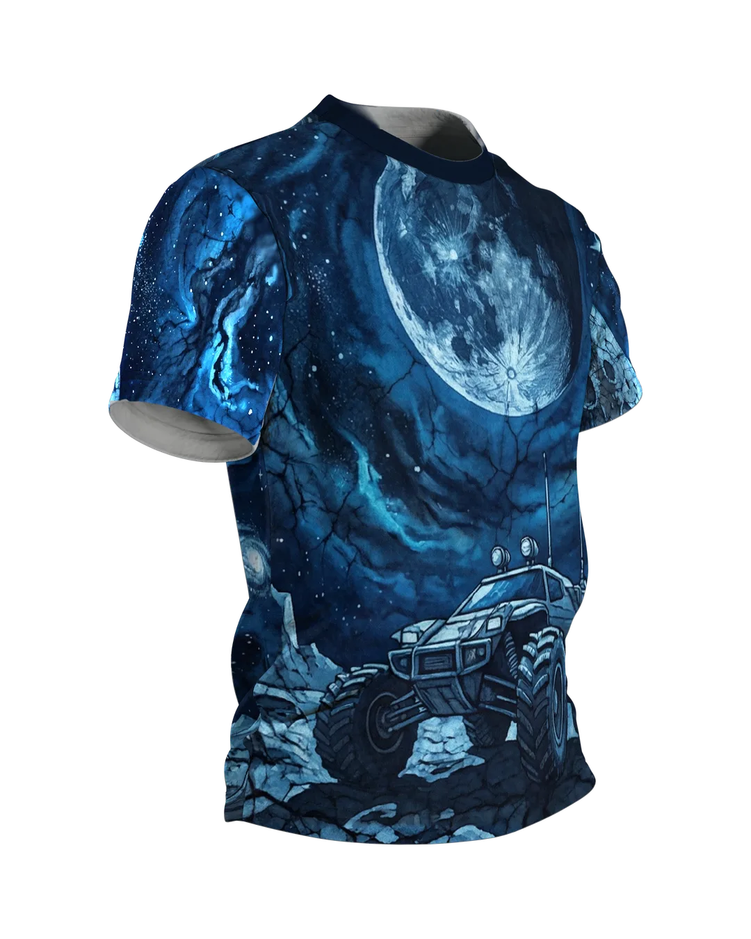 Mondmission T-Shirt, Rover unter vollem Mond vorn, Mondbasis mit Rakete am Rücken, Seitenansicht links