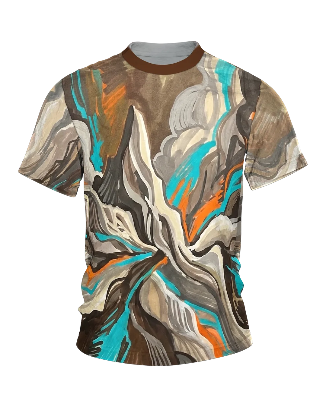 Fluid Earth Mountains T-shirt, all-over flow painting in turquoise, orange and earth brown