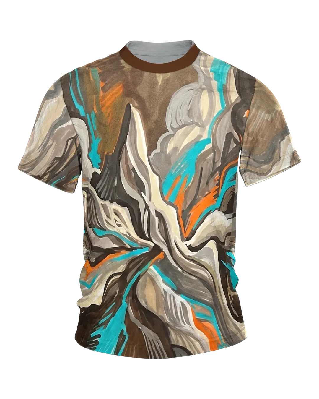 Fluid Earth Mountains T-shirt, all-over flow painting in turquoise, orange and earth brown