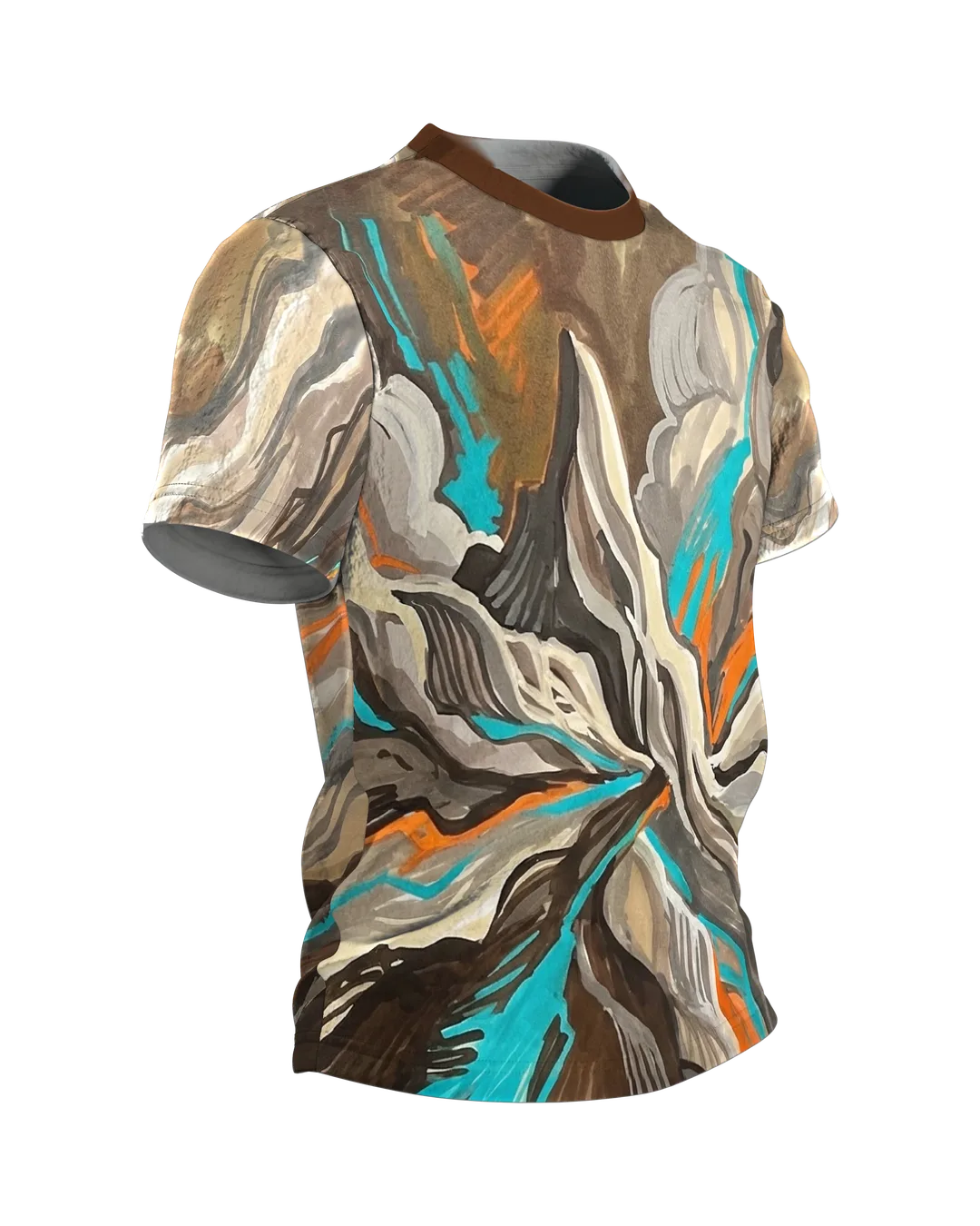 Fluid Earth Berge T-Shirt, Allover Flow-Painting in Türkis, Orange und Erdbraun, Seitenansicht links