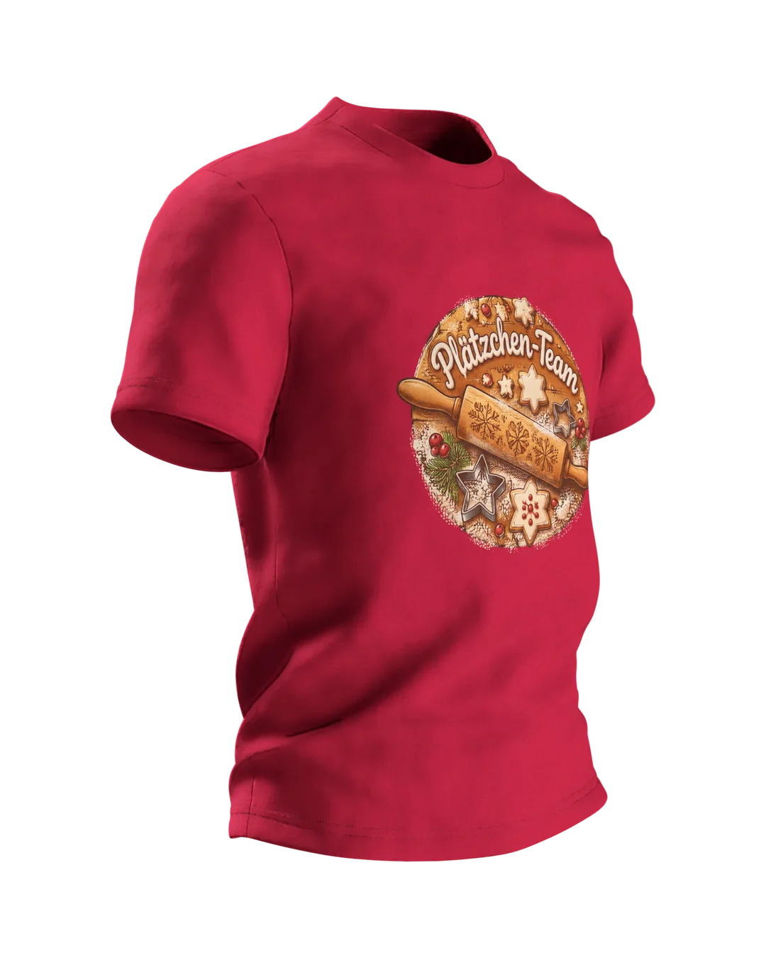 Plätzchen T-Shirt: Plätzchen-Team auf dem Backbrett, Seitenansicht links