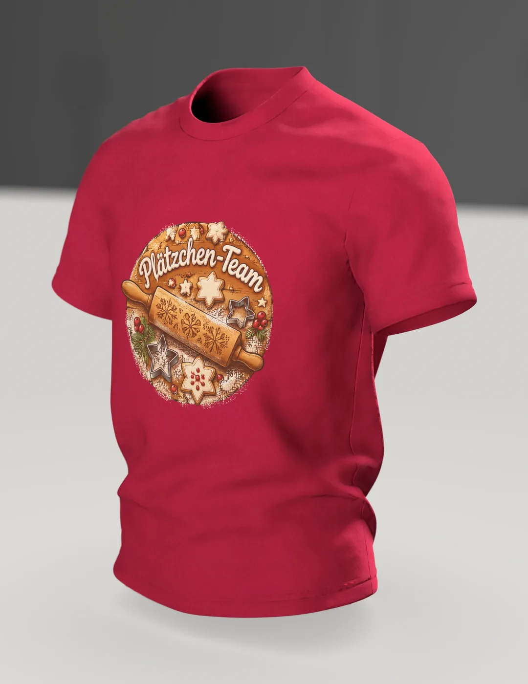 Plätzchen T-Shirt: Plätzchen-Team auf dem Backbrett, Im Raum, schräg
