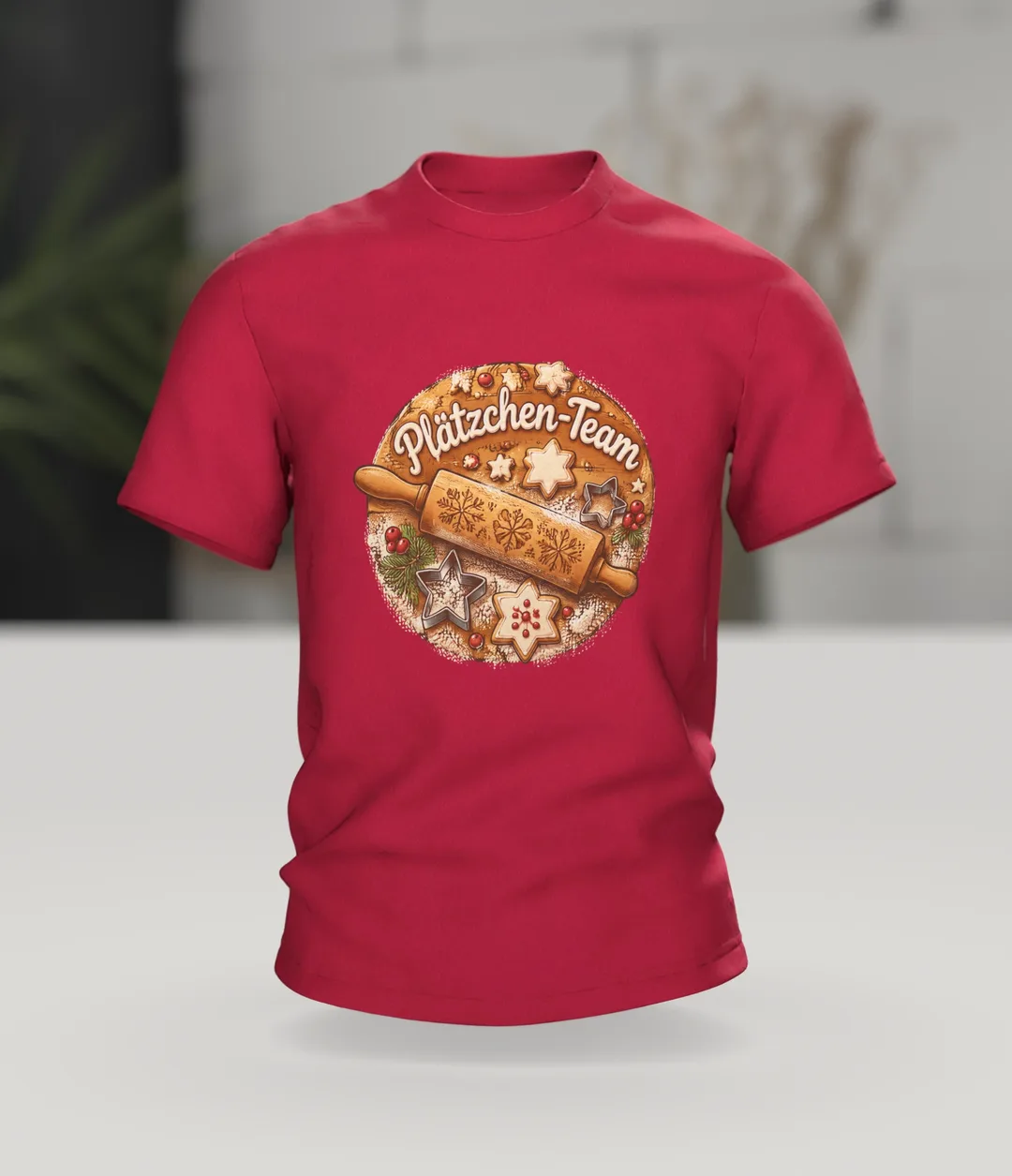 Plätzchen T-Shirt: Plätzchen-Team auf dem Backbrett, Im Raum