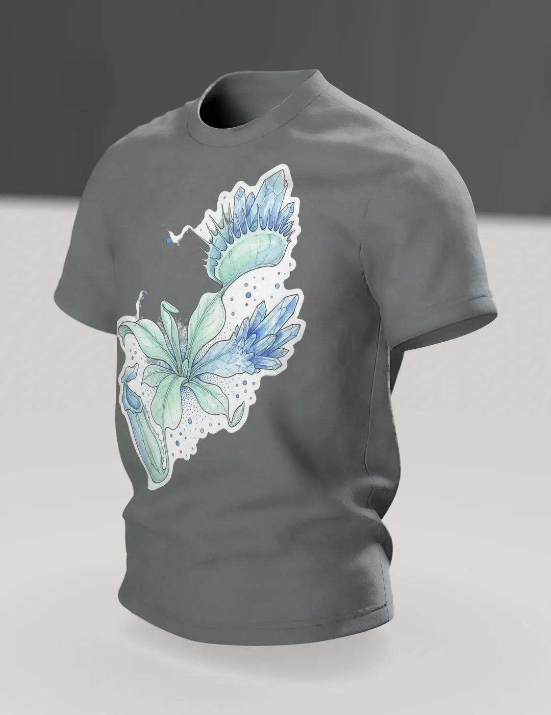Fleischfressende Pflanze mit Kristallen Motiv-Shirt: Mysteriöses, Im Raum, schräg