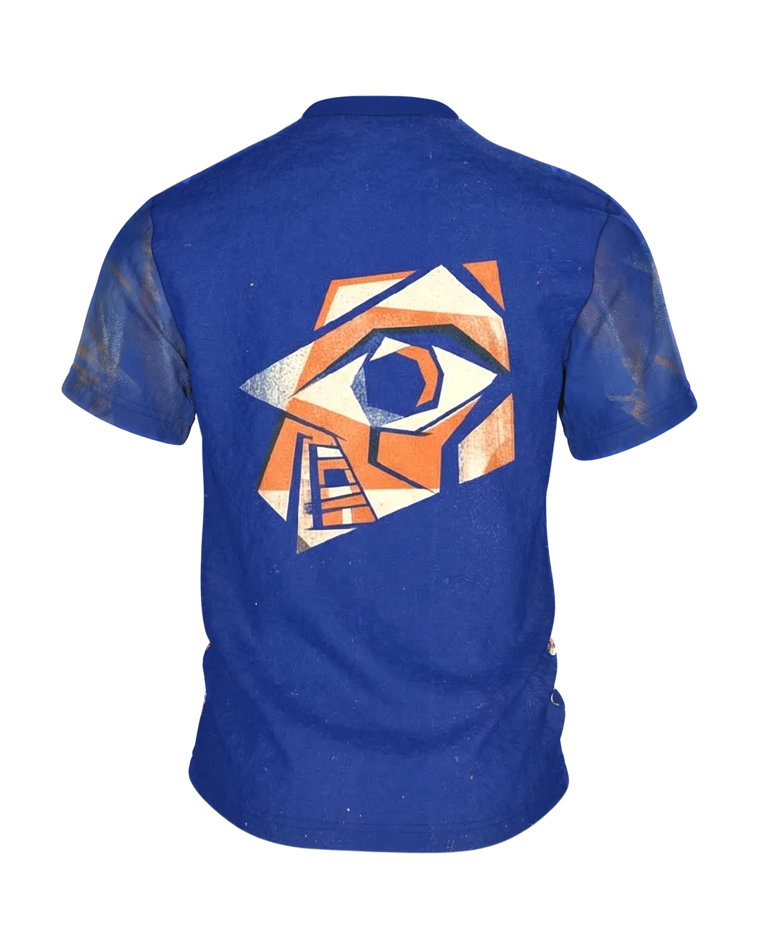 Cubist Golem T-shirt, striding giant with a spiral chest in royal blue, orange and cream, Back
