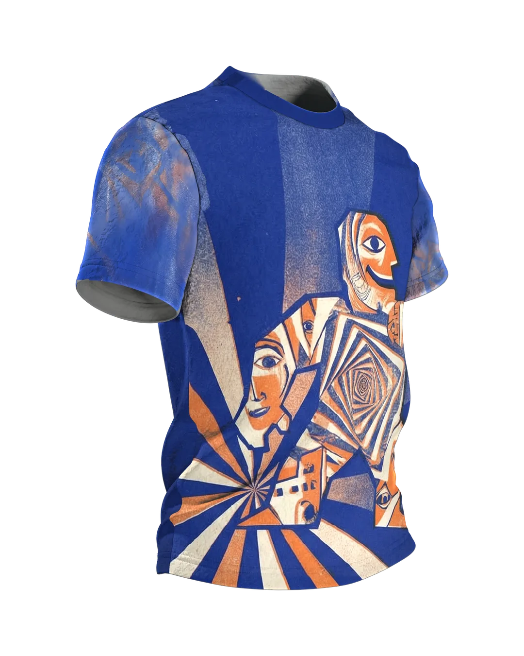 Cubist Golem T-shirt, striding giant with a spiral chest in royal blue, orange and cream, Side view, left