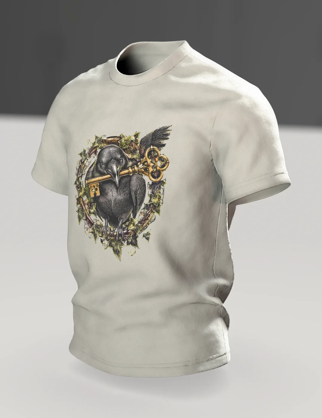 Rabe T-Shirt Gothic: Rabe mit Schlüssel im Efeukranz, Im Raum, schräg