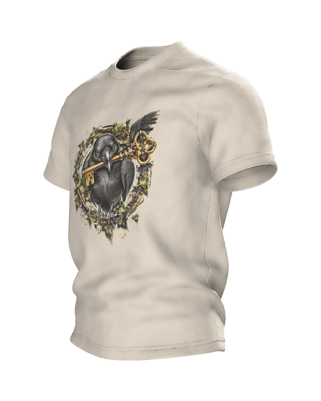 Rabe T-Shirt Gothic: Rabe mit Schlüssel im Efeukranz, Seitenansicht rechts