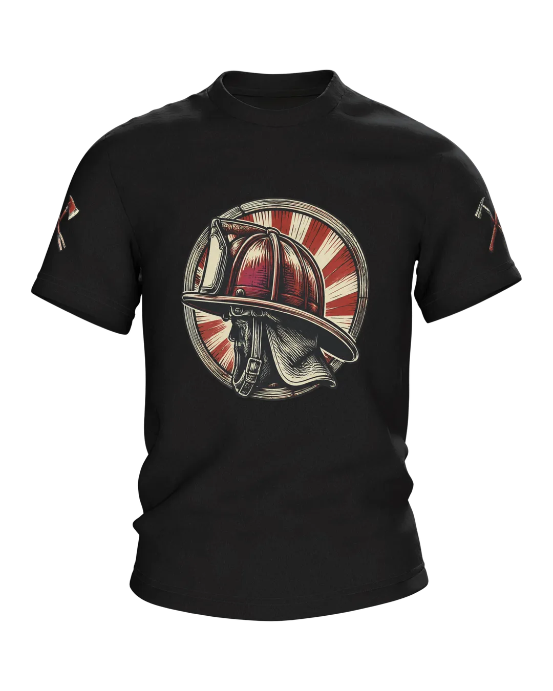 Firefighter Helmet Woodcut T-Shirt: Helmet in a Sunburst