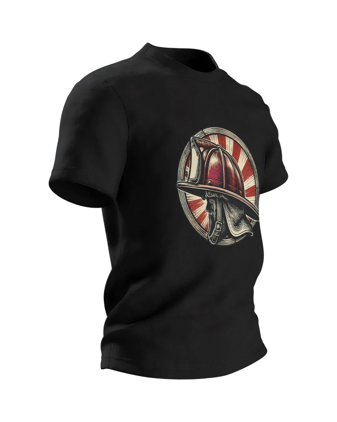 Feuerwehrhelm Holzschnitt T-Shirt: Helm im Strahlenkranz, Seitenansicht links