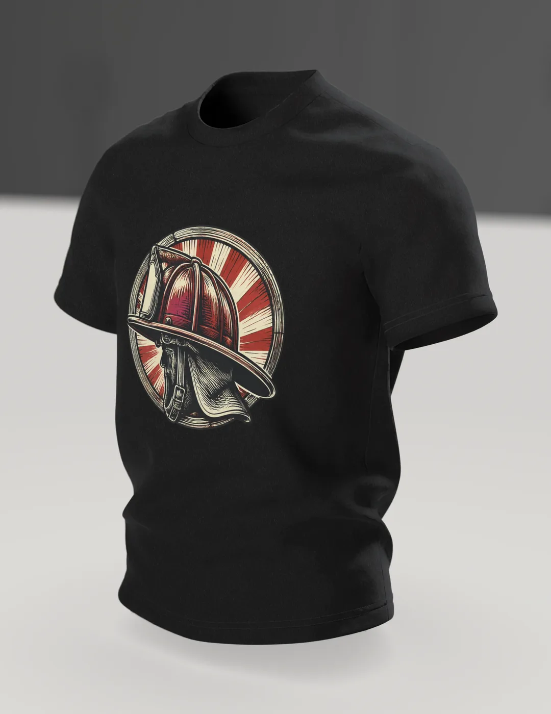 Feuerwehrhelm Holzschnitt T-Shirt: Helm im Strahlenkranz, Im Raum, schräg
