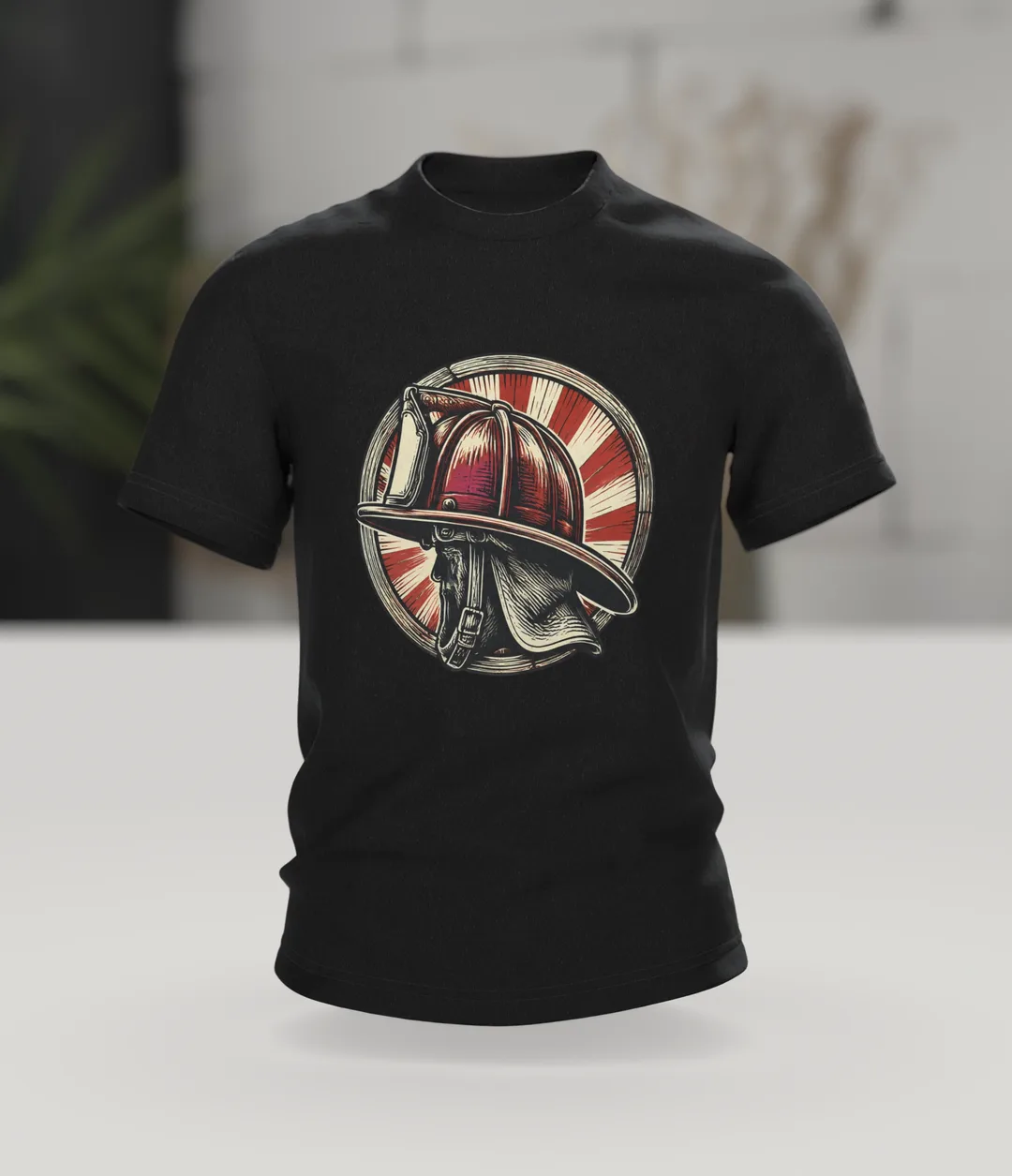 Feuerwehrhelm Holzschnitt T-Shirt: Helm im Strahlenkranz, Im Raum