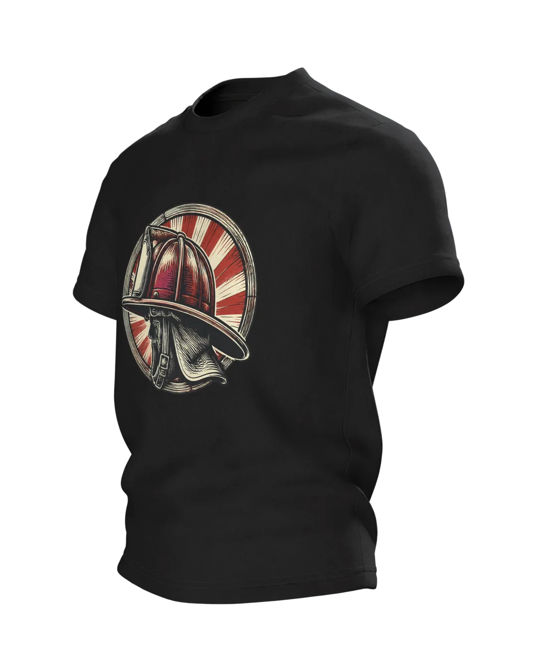 Feuerwehrhelm Holzschnitt T-Shirt: Helm im Strahlenkranz, Seitenansicht rechts