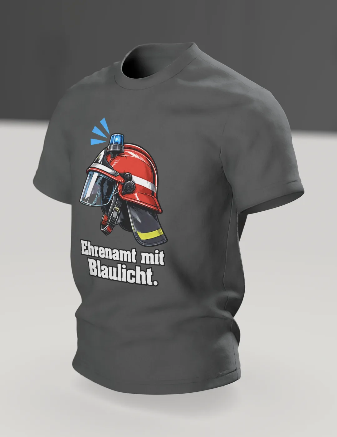 Freiwillige Feuerwehr T-Shirt „Ehrenamt mit Blaulicht.“, Im Raum, schräg