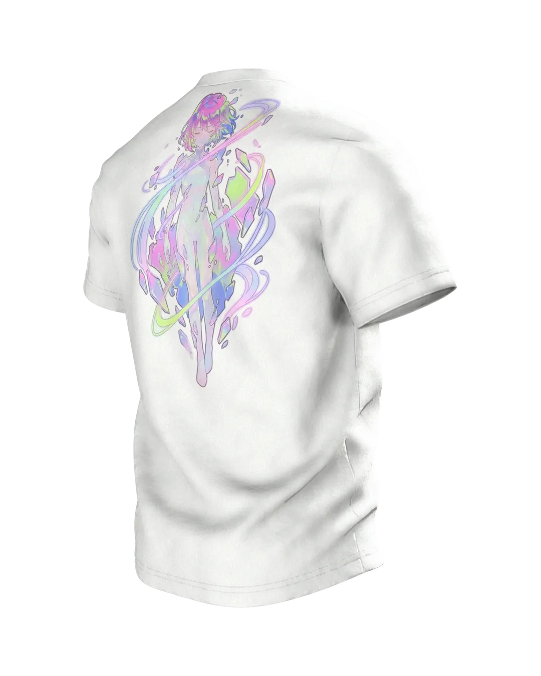 Anime Crystal T-shirt, Girl Portrait with Aurora Streaks in Pastel, Back, angled left