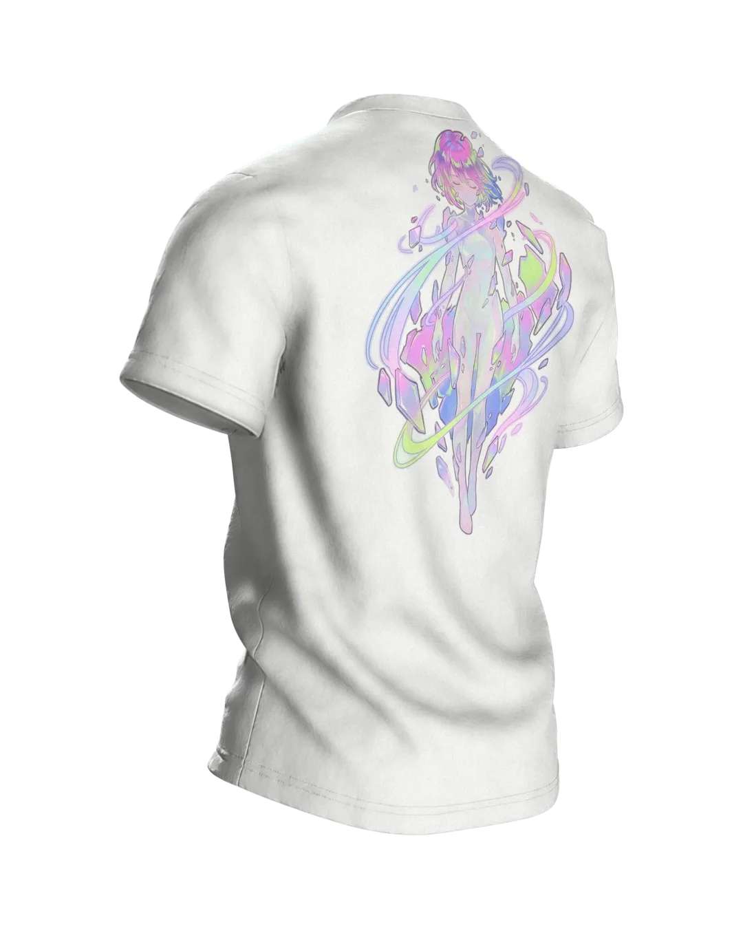 Anime Crystal T-shirt, Girl Portrait with Aurora Streaks in Pastel, Back, angled right