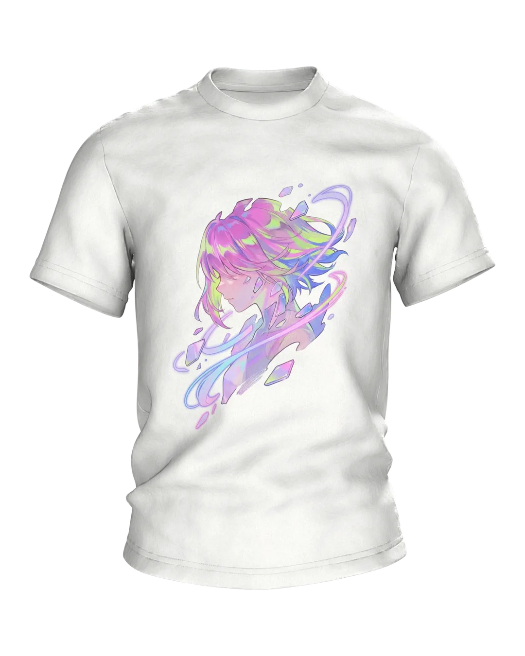 Anime Kristall T-Shirt, Mädchen-Porträt mit Aurora-Schlieren in Pastell
