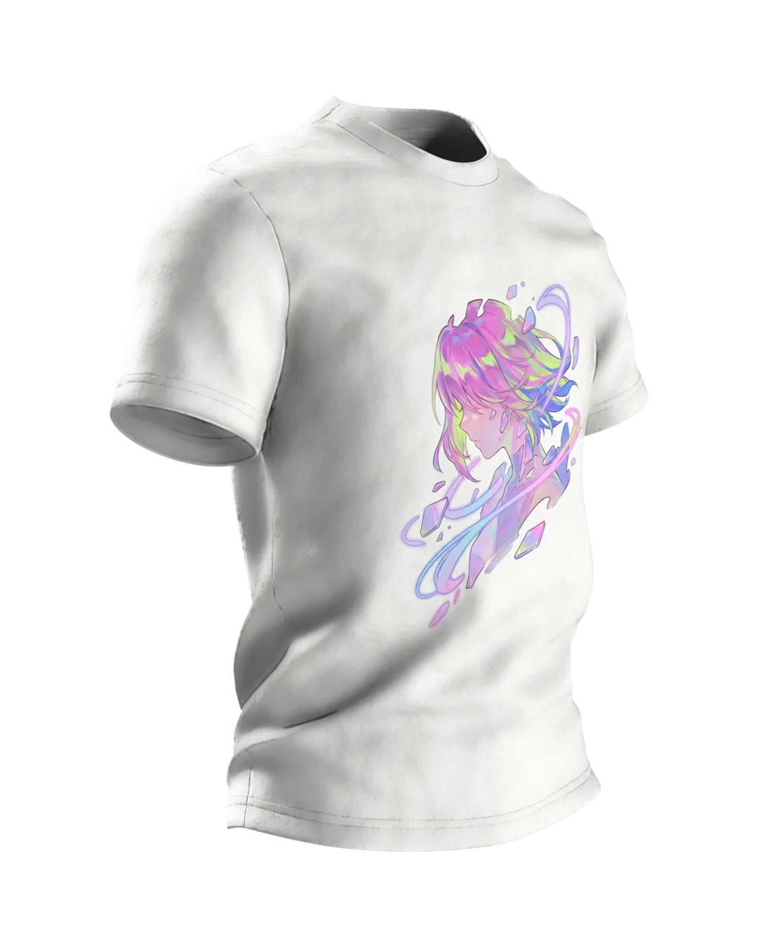Anime Crystal T-shirt, Girl Portrait with Aurora Streaks in Pastel, Side view, left