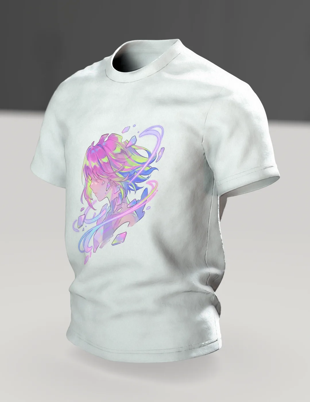 Anime Crystal T-shirt, Girl Portrait with Aurora Streaks in Pastel, In context, angled