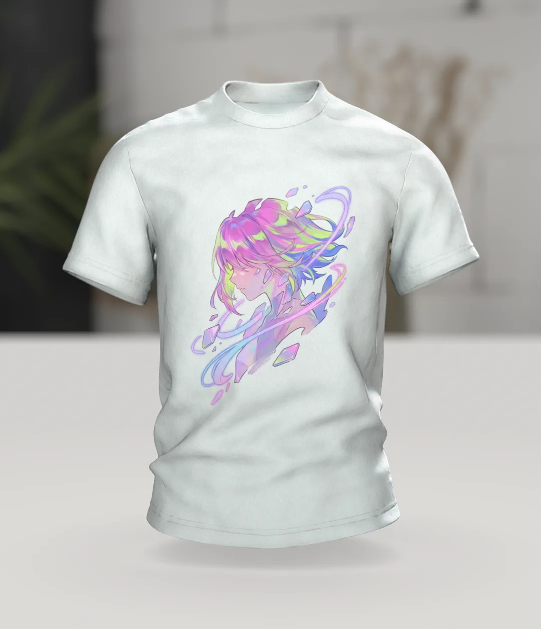 Anime Crystal T-shirt, Girl Portrait with Aurora Streaks in Pastel, In context