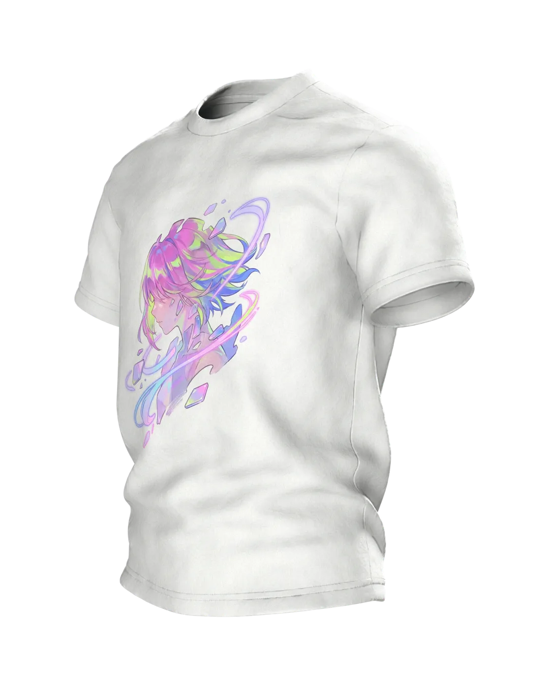 Anime Crystal T-shirt, Girl Portrait with Aurora Streaks in Pastel, Side view, right