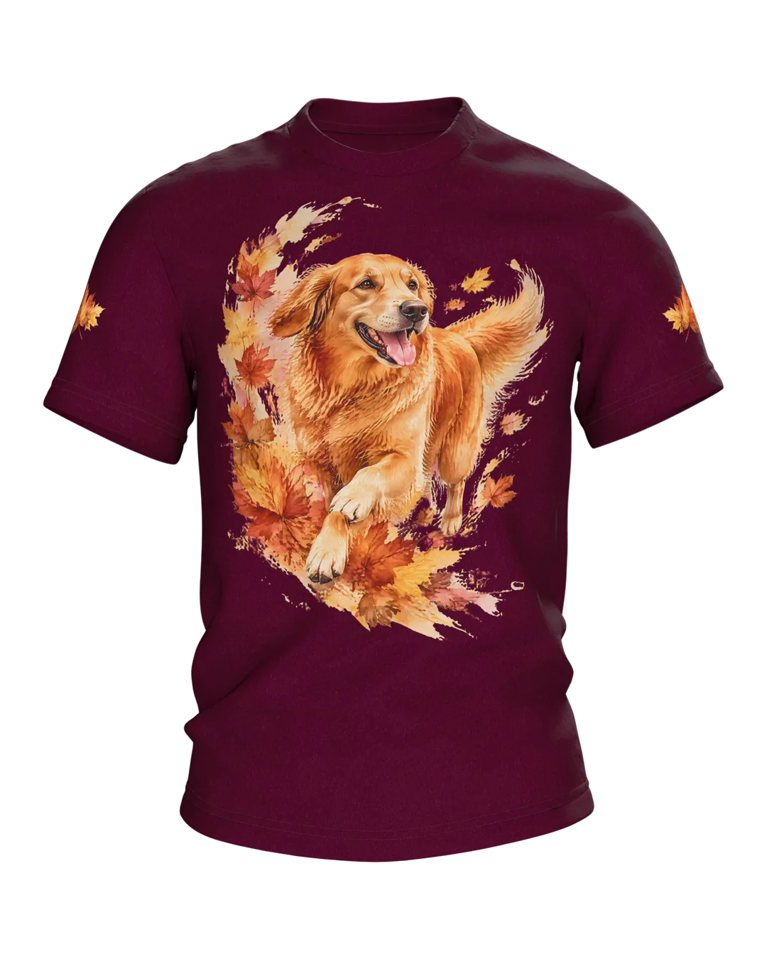 Golden Retriever Watercolor Shirt, Autumn Dog Portrait with Maple Leaves, Front and Back Design, Gift for Dog Dads