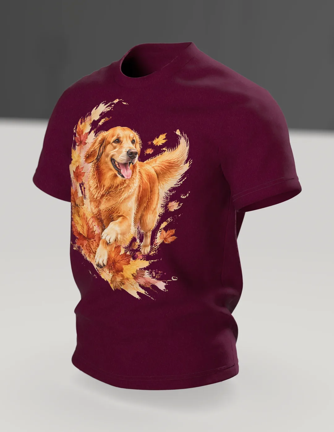 Golden Retriever Watercolor Shirt, Autumn Dog Portrait with Maple Leaves, Front and Back Design, Gift for Dog Dads, In context, angled