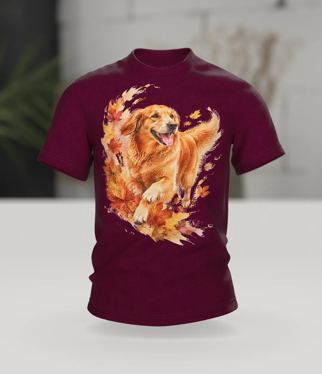 Golden Retriever Watercolor Shirt, Autumn Dog Portrait with Maple Leaves, Front and Back Design, Gift for Dog Dads, In context