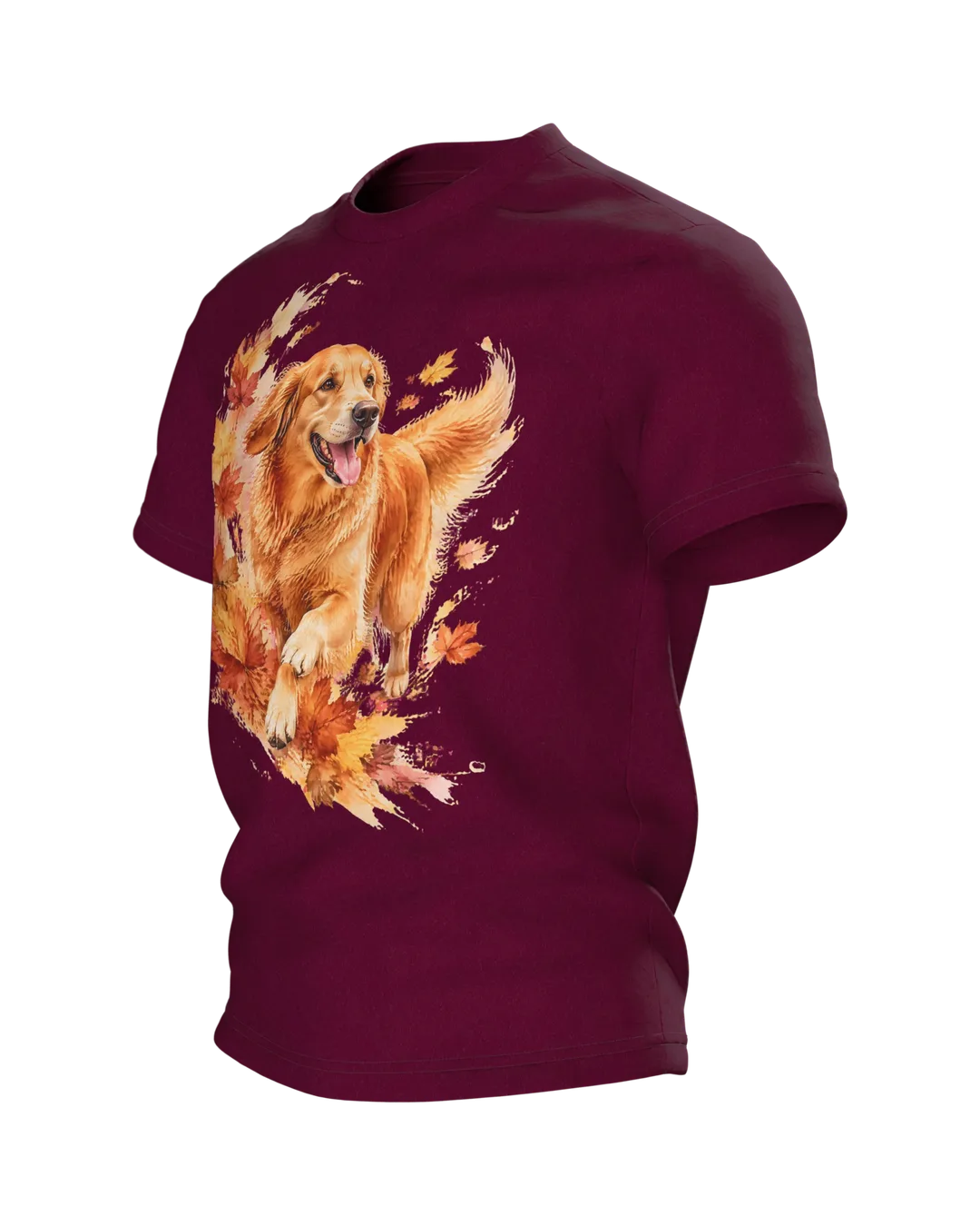Golden Retriever Watercolor Shirt, Autumn Dog Portrait with Maple Leaves, Front and Back Design, Gift for Dog Dads, Side view, right