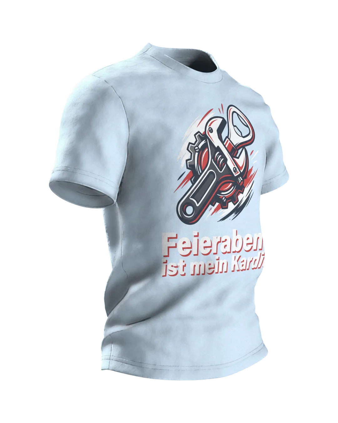 Feierabend T-Shirt "Feierabend ist mein Kardio", Werkstatt-Wappen aus Schraubenschlüssel und Flaschenöffner, Seitenansicht links