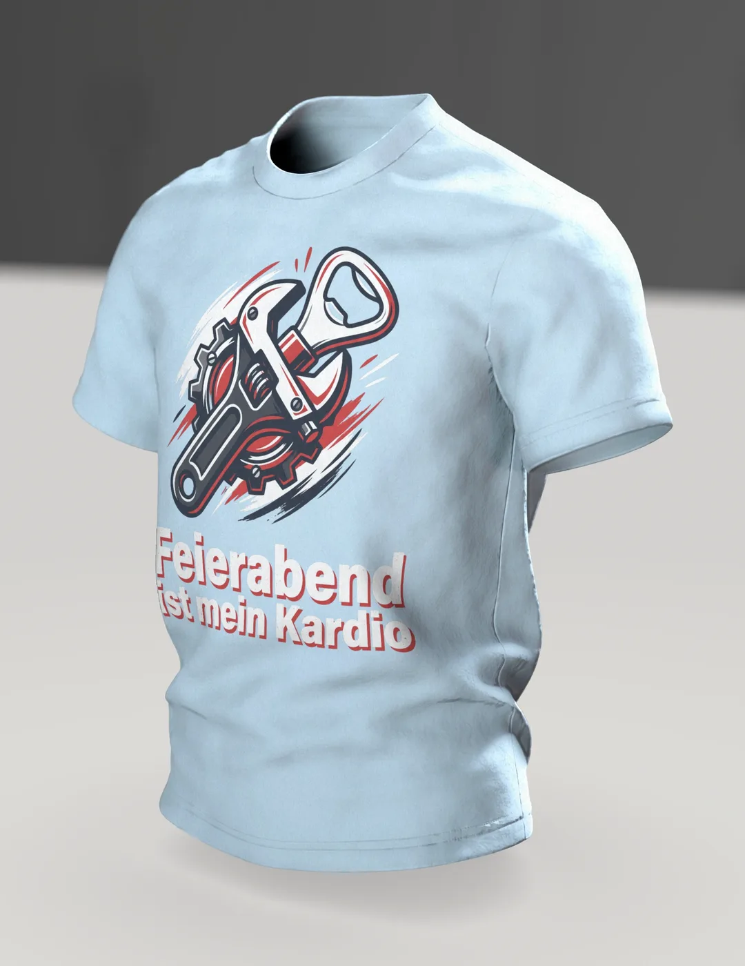 Feierabend T-Shirt "Feierabend ist mein Kardio", Werkstatt-Wappen aus Schraubenschlüssel und Flaschenöffner, Im Raum, schräg