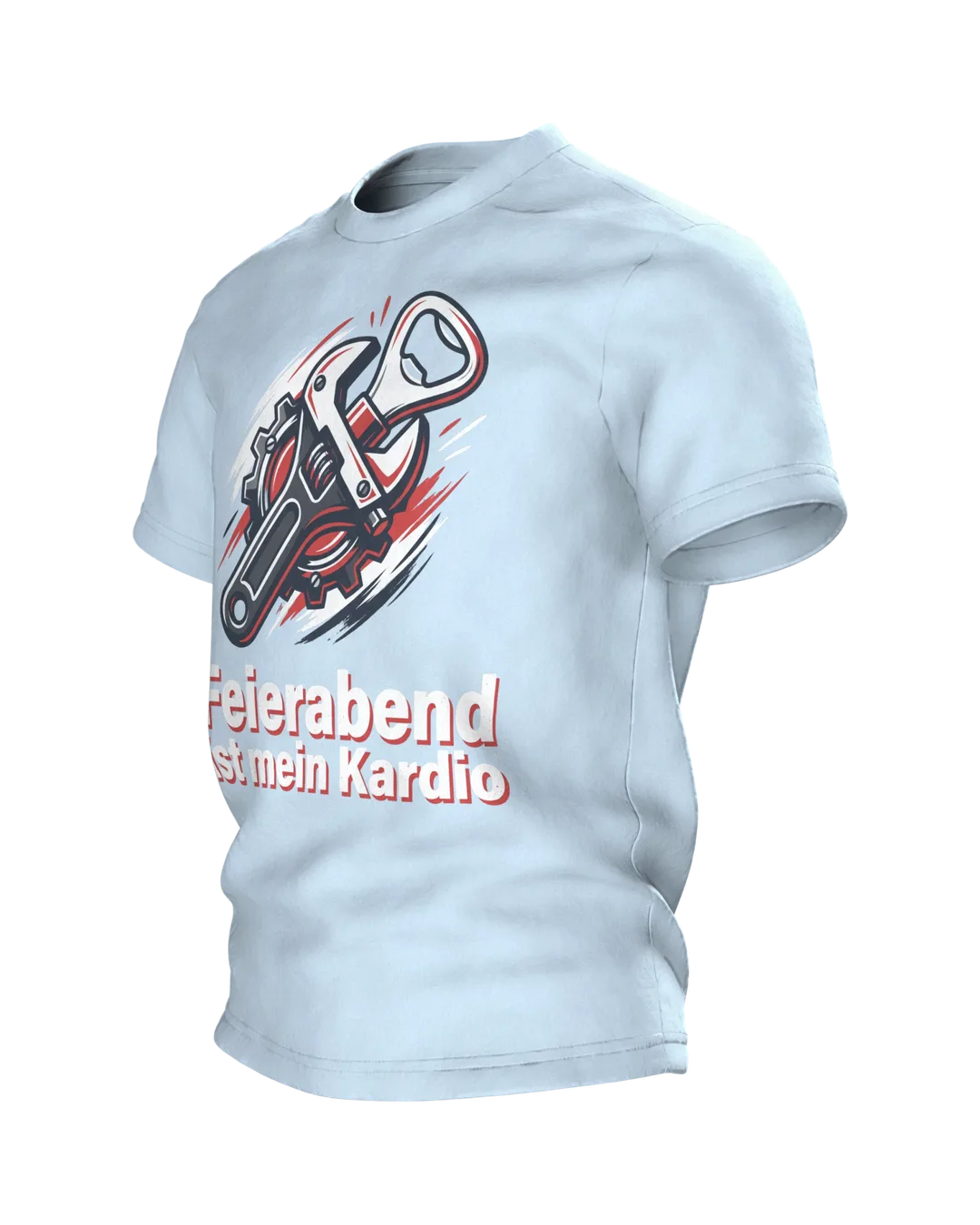 Feierabend T-Shirt "Feierabend ist mein Kardio", Werkstatt-Wappen aus Schraubenschlüssel und Flaschenöffner, Seitenansicht rechts
